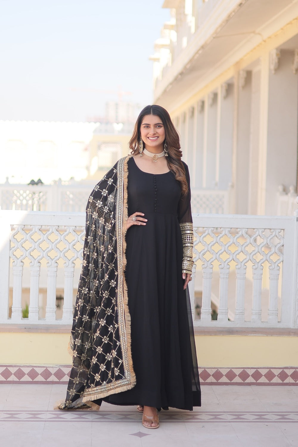 Faux Blooming Embroidered Gown with Dupatta—Sequins Work, Lace Border, Full Sleeves