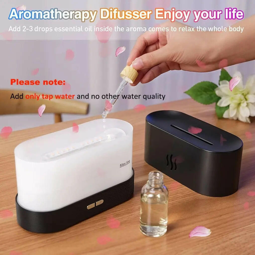 Enhance Your Ambiance with 180ml Flame Diffuser Humidifier - Aroma and Atmosphere Enrichment for Home, Office, Spa - Auto Off, Fire Flame Effect - Black.